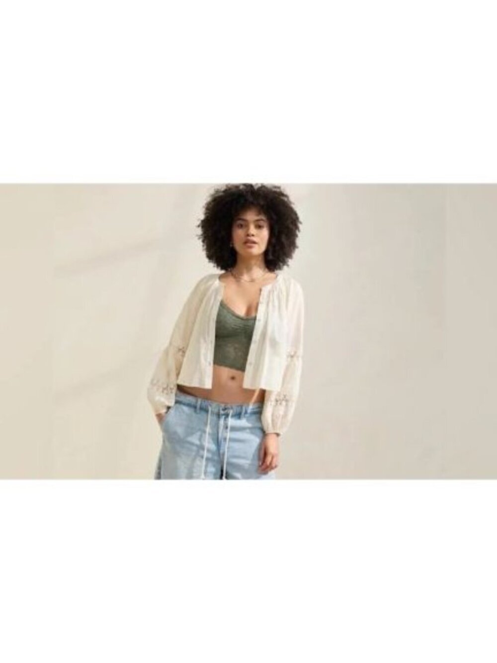Aerie Cotton Peasant Balloon Long Sleeve Crochet Blouse